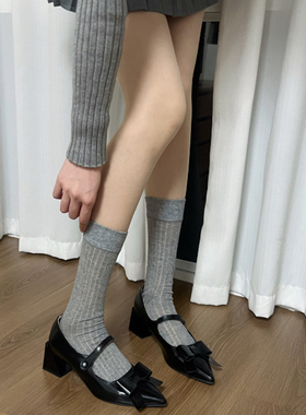 miu走秀款超薄灰色袜子女中筒袜夏季网红棉竖条堆堆袜透气小腿袜