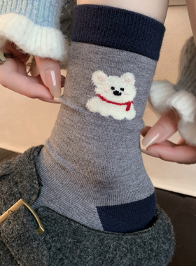 卡通小狗袜子女灰色兔绒中筒袜秋冬加厚25年新款可爱ins潮长袜