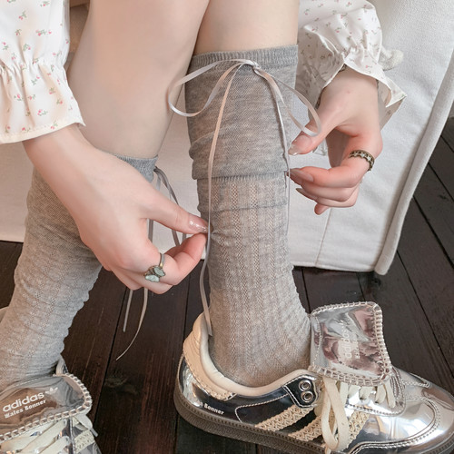 miu灰色蝴蝶结堆堆袜子女夏季薄