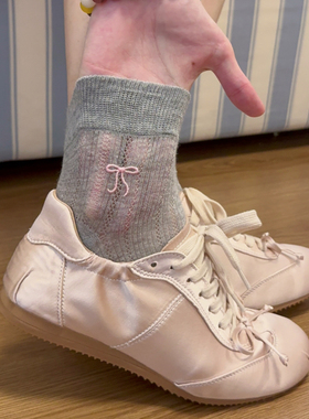 灰色芭蕾风袜子女短袜夏季薄款精梳棉蝴蝶结短筒袜镂空中筒袜