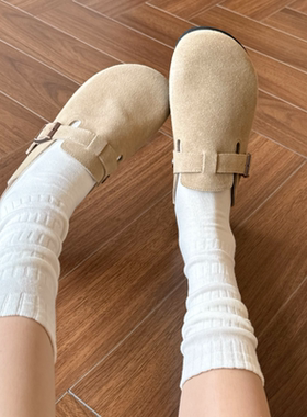 慵懒勃肯鞋白色堆堆袜子女春秋基础款纯棉中筒袜褶皱泡泡小腿袜女
