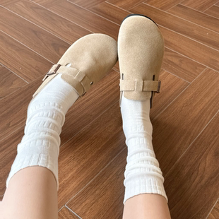 慵懒勃肯鞋白色堆堆袜子女春秋基础款纯棉中筒袜褶皱泡泡小腿袜女