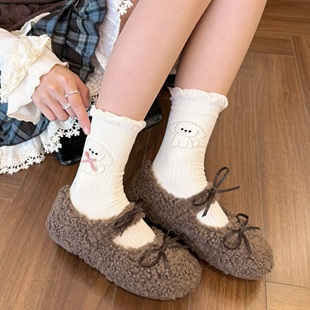 卡通小狗袜子女蝴蝶结花边中筒袜春秋纯棉25年新款 可爱ins潮长袜