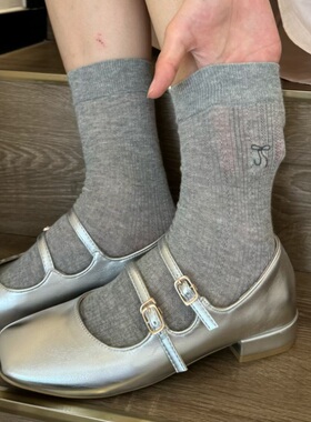 miu氛围感灰色袜子女中筒棉袜夏季薄款镂空芭蕾风堆堆袜配玛丽珍