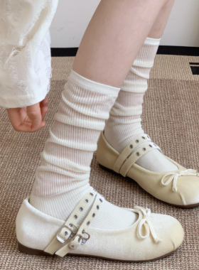 miu白色半透小腿袜子女夏季薄款芭蕾风中筒袜纯棉竖纹长筒堆堆袜