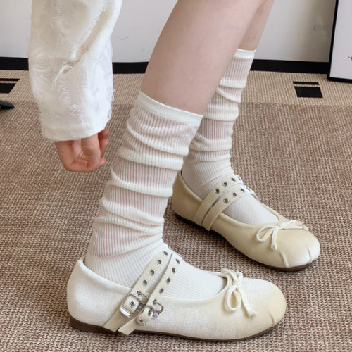 夏季miu系白色纯棉堆堆中筒袜女