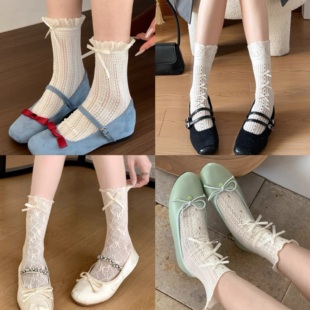 miu系蕾丝袜子女中筒袜夏季 芭蕾风蝴蝶结白色堆堆袜配玛丽珍 薄款