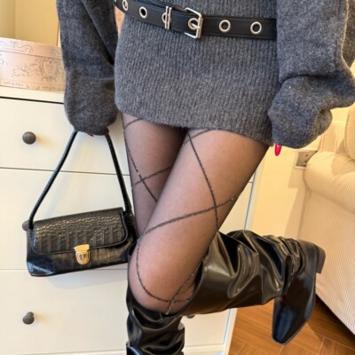 黑色丝袜女春夏季超薄0d银丝交叉菱形格连袜裤防勾丝显瘦美腿灰丝