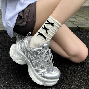 甜美纯棉中筒jk可爱卷边堆堆袜配运动鞋 miu白色蝴蝶结袜子女夏季