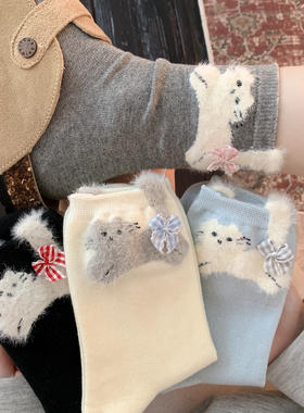 卡通猫咪袜子女白色蝴蝶结中筒袜春秋纯棉25年新款可爱ins潮长袜