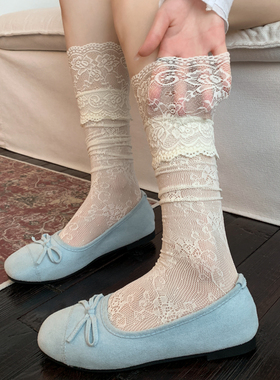 miu系白色小腿袜子女春夏季薄款芭蕾风花边堆堆袜纯欲蕾丝小腿袜