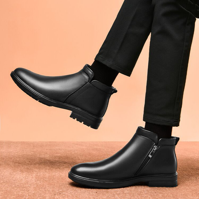 CHELSEA BOOTS MENS LEATHER BRITISH STYLE MARTIN BOOTS WINTER COWHIDE WOOL WARM VELVET CASUAL HIGH-TOP COTTON LEATHER SHOES
