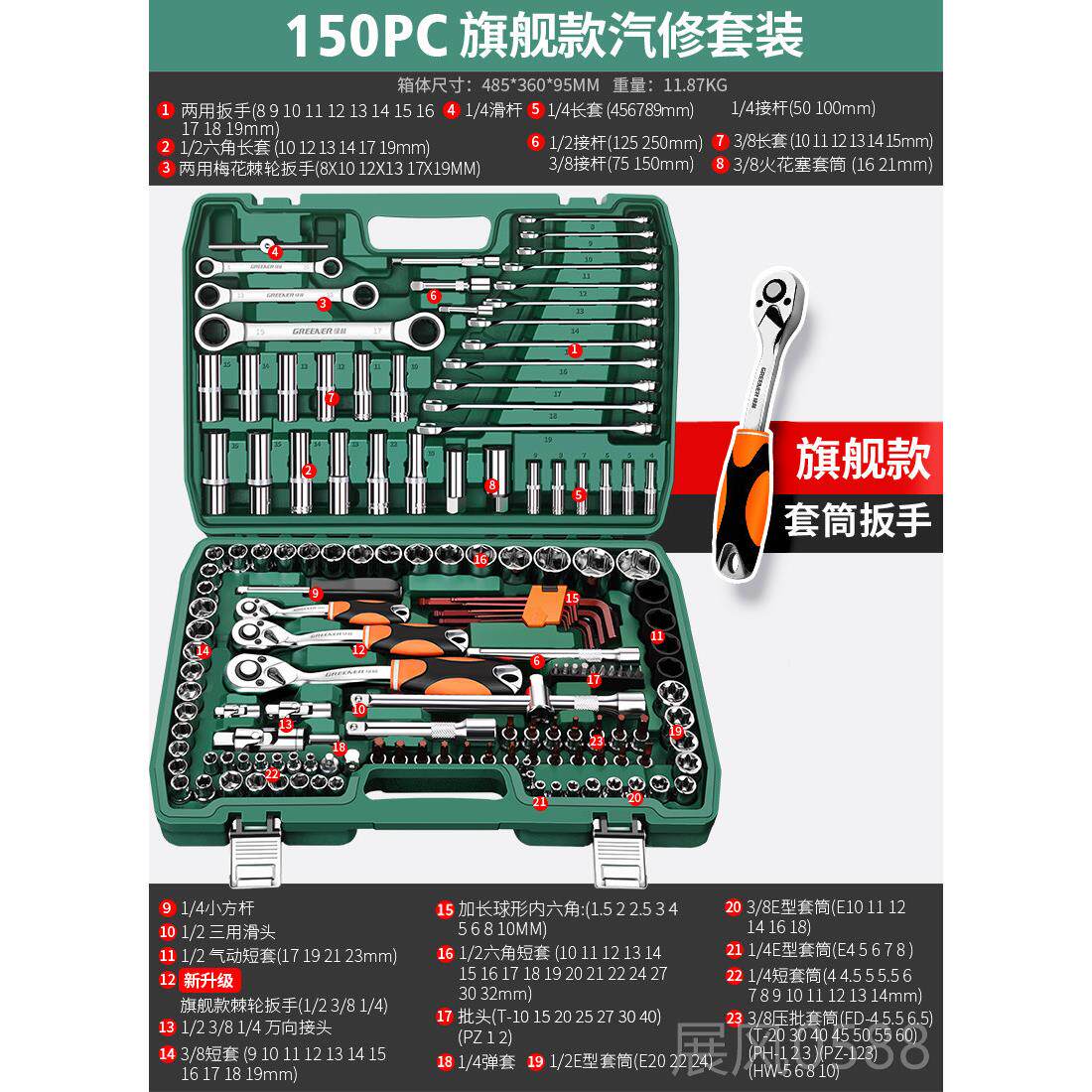 高档绿林汽套筒扳手汽车专修用工具大全套装头维修套棘轮功能多工