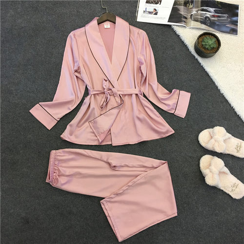 女睡衣翻领休闲丝绸家居服两件套