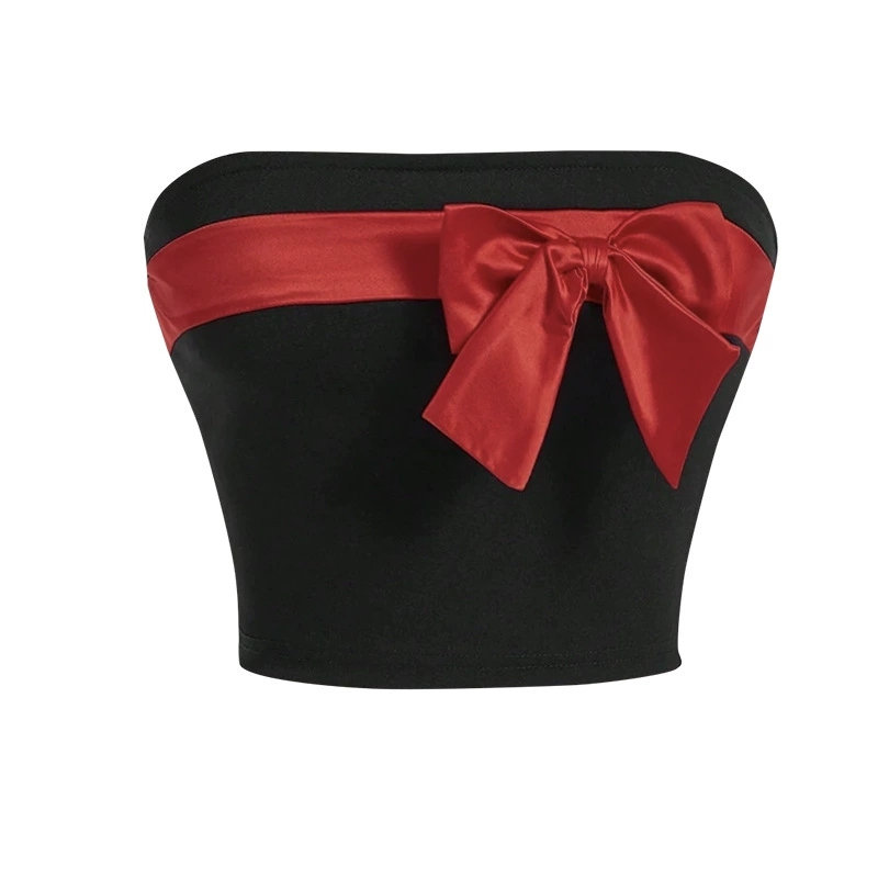 Umbilical bow strapless base top  女士露脐蝴蝶结抹胸打底上衣