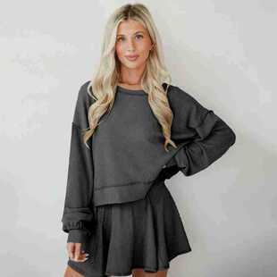 neck 女 Solid round set纯色圆领长袖 短裙套装 skirt color short