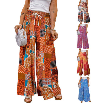 Printed elastic waisted loose pants 印花松紧腰系绳宽松长裤女