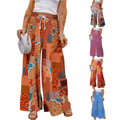 Printed elastic waisted loose pants 印花松紧腰系绳宽松长裤女