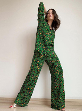 Single-Breasted Long Sleeves Wide Leg Pants Trouser Suits02