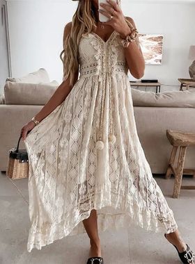 V-neck white lace irregular long skirtV领白色蕾丝不规则长裙