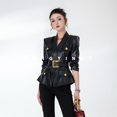 MD依诺【魅力女王】2025秋季时尚显瘦收腰气质设计感黑色皮衣外套