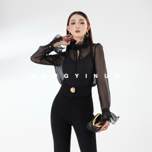 木耳边灯笼长袖 MD依诺 法式 2026春款 雪纺减龄网纱上衣 无上魅力