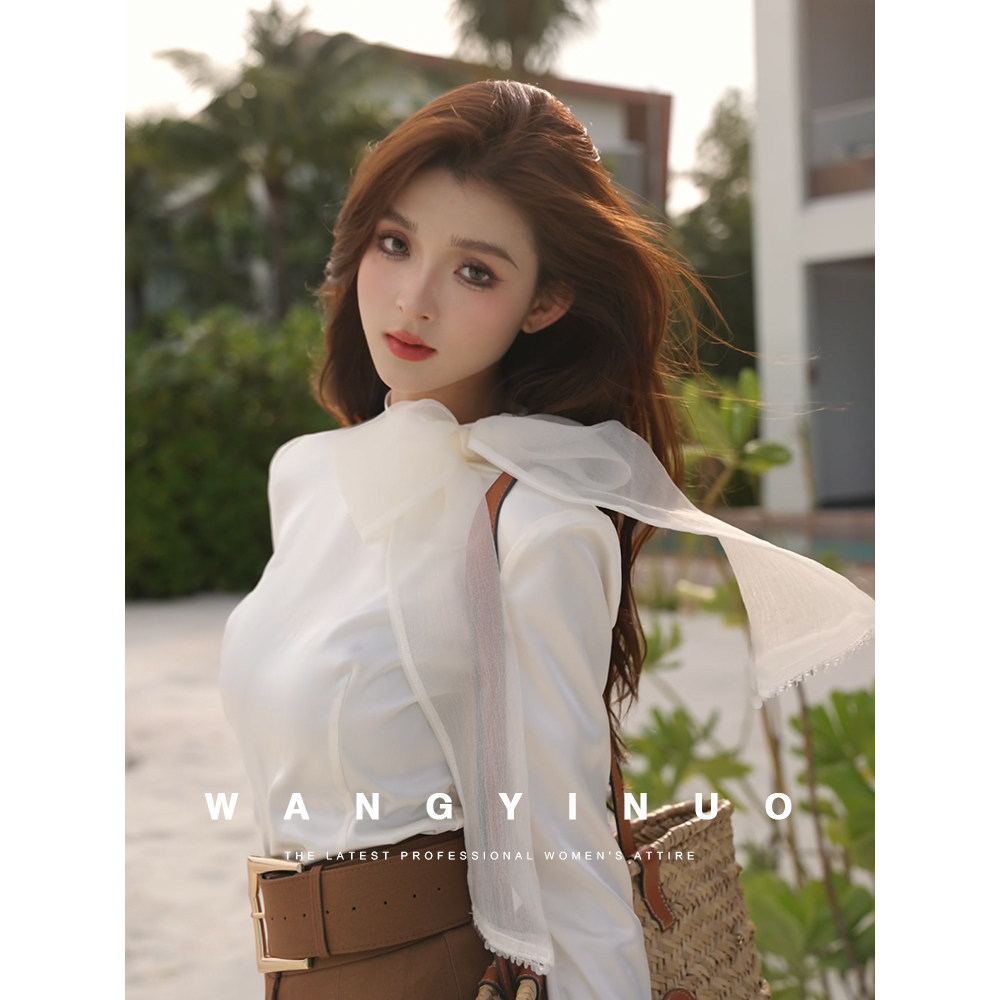 蝴蝶结设计显瘦长袖衬衫上衣