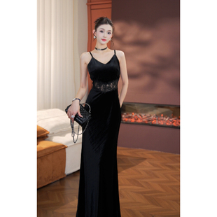 MD依诺【悠闲度日】2025秋季新款气质高腰拼接收腰轻奢吊带连衣裙