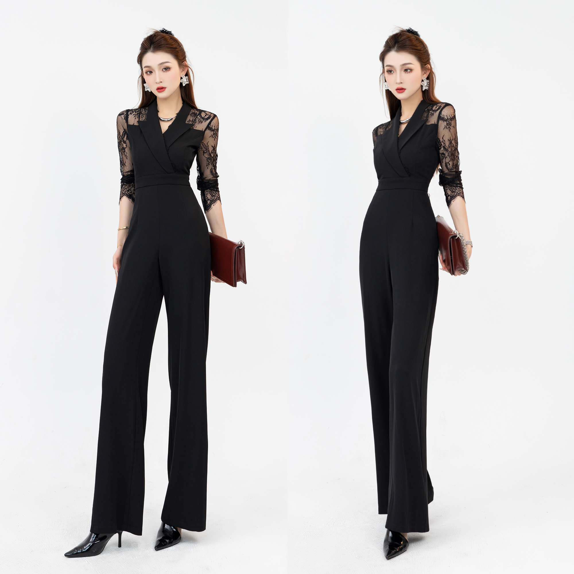 王依诺【性格标签】2025春季蕾丝长袖显瘦气质长袖轻奢优雅连体裤