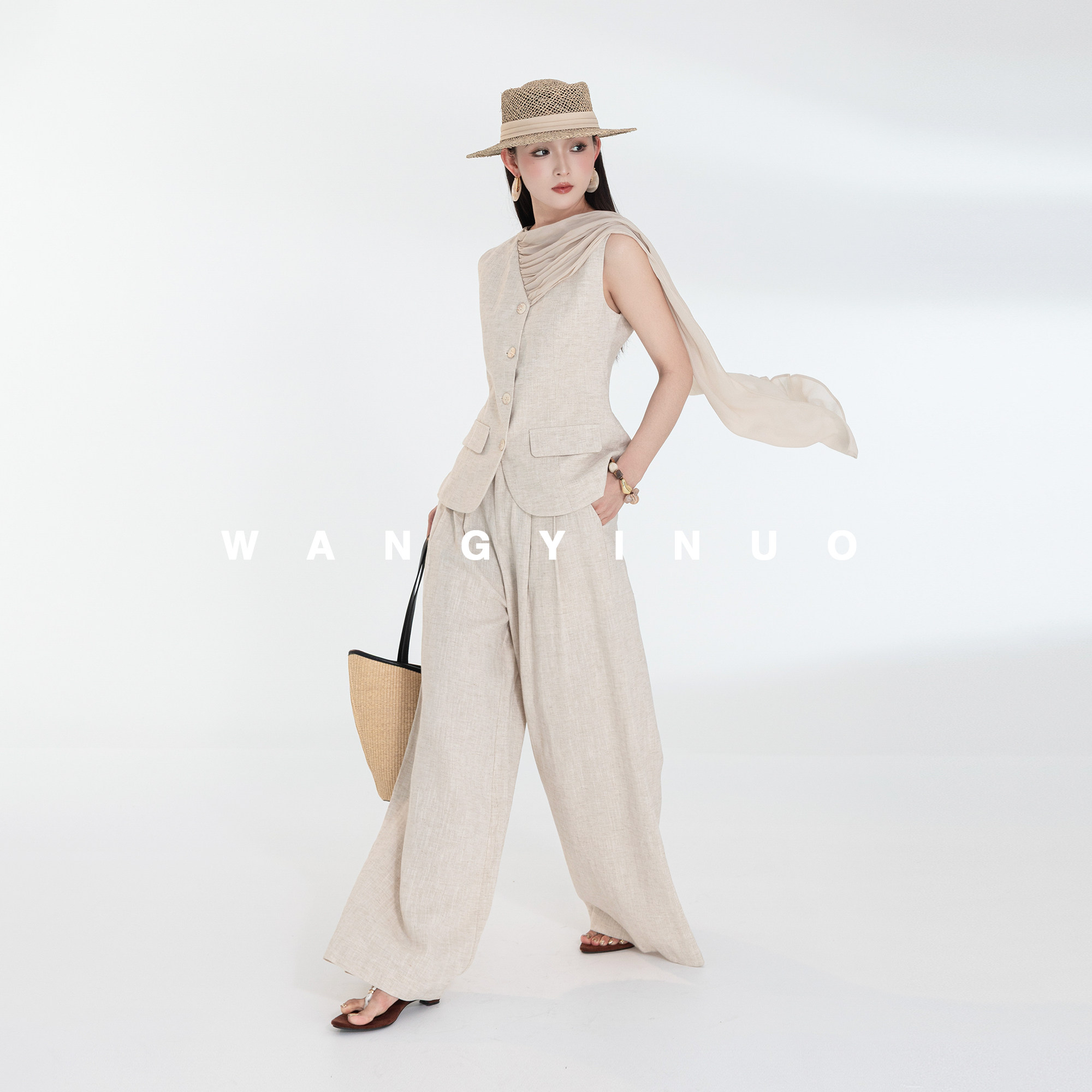 MD依诺【自在随性】2026夏季简约风宽松拼接飘带马甲背心裤子套装