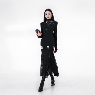 新款 2025冬季 时尚 显瘦修身 收腰连衣裙 MD依诺 拼接长袖 冬日女主