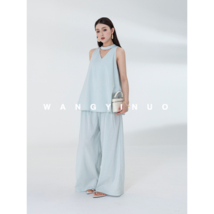 法式 2026夏季 风挂脖无袖 飘带上衣休闲裤 MD依诺 子套装 轻野肩线