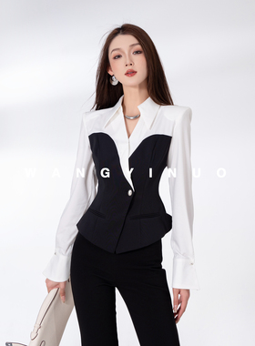 MD依诺【质感碰撞】2025秋季新款显瘦茶歇风时尚黑白减龄上衣外套