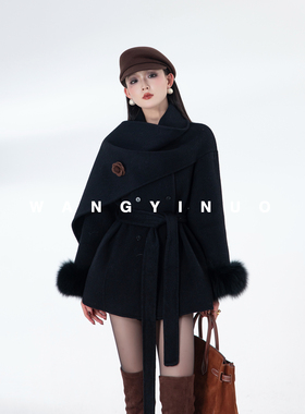 MD依诺【色调焦点】2025冬季新款法式双面拼接斗篷式披肩羊毛外套