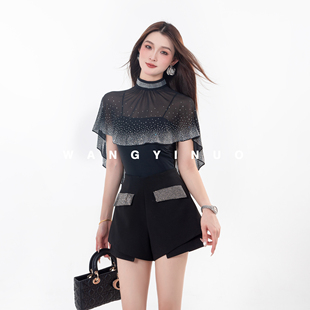 老钱风显瘦薄款 MD依诺 新款 2025夏季 圆领镶钻披肩上衣 夜幕璀璨