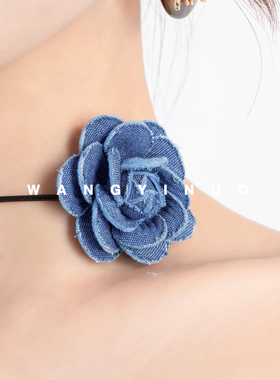 MD依诺【芬芳绽放】牛仔色玫瑰项链项圈复古颈链