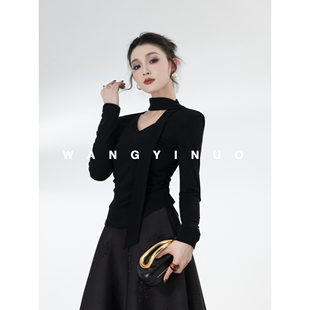 设计感显瘦时尚 MD依诺 新款 2025冬季 拼接镂空百搭上衣 星夜蕾丝