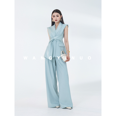 MD依诺【海盐晴空】2026夏季气质松弛风蝴蝶结无袖马甲阔腿裤套装