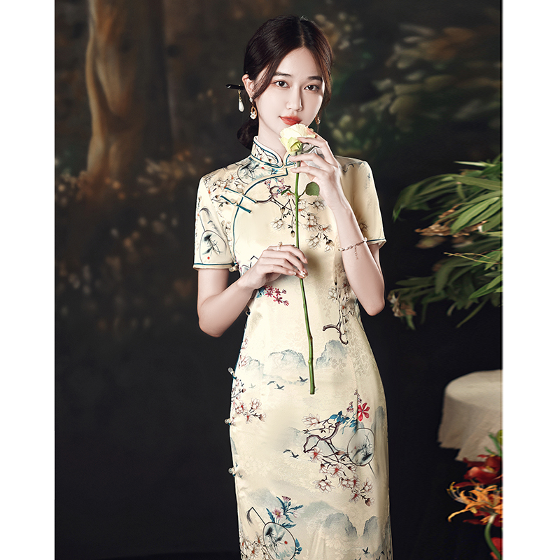 Demi-season cheongsam, elite yellow long retro dress, 2021 years, bright catchy style