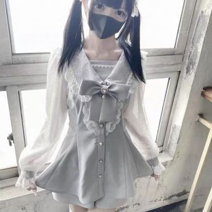 nekura你哭啦 蕾丝海军领 网纱长袖大蝴蝶结水色连衣裙宅系量产型