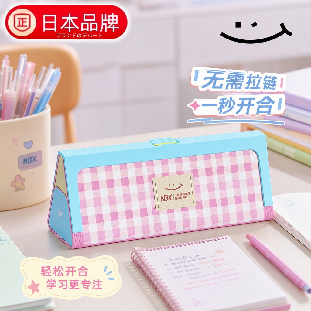 日本进口磁吸笔袋大开口布丁学生免拉链大容量笔袋文具盒防水防污