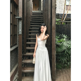 Norain不下雨白色高级感天丝蕾丝拼接吊带连衣裙女夏法式修身长裙