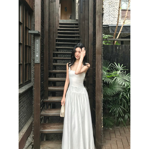 Norain不下雨白色高级感天丝蕾丝拼接吊带连衣裙女夏法式修身长裙