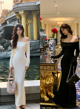 【现货6折清仓】Norain不下雨 斜肩气质修身长袖鱼尾连衣裙