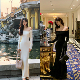 长袖 斜肩气质修身 Norain不下雨 鱼尾连衣裙 现货6折清仓