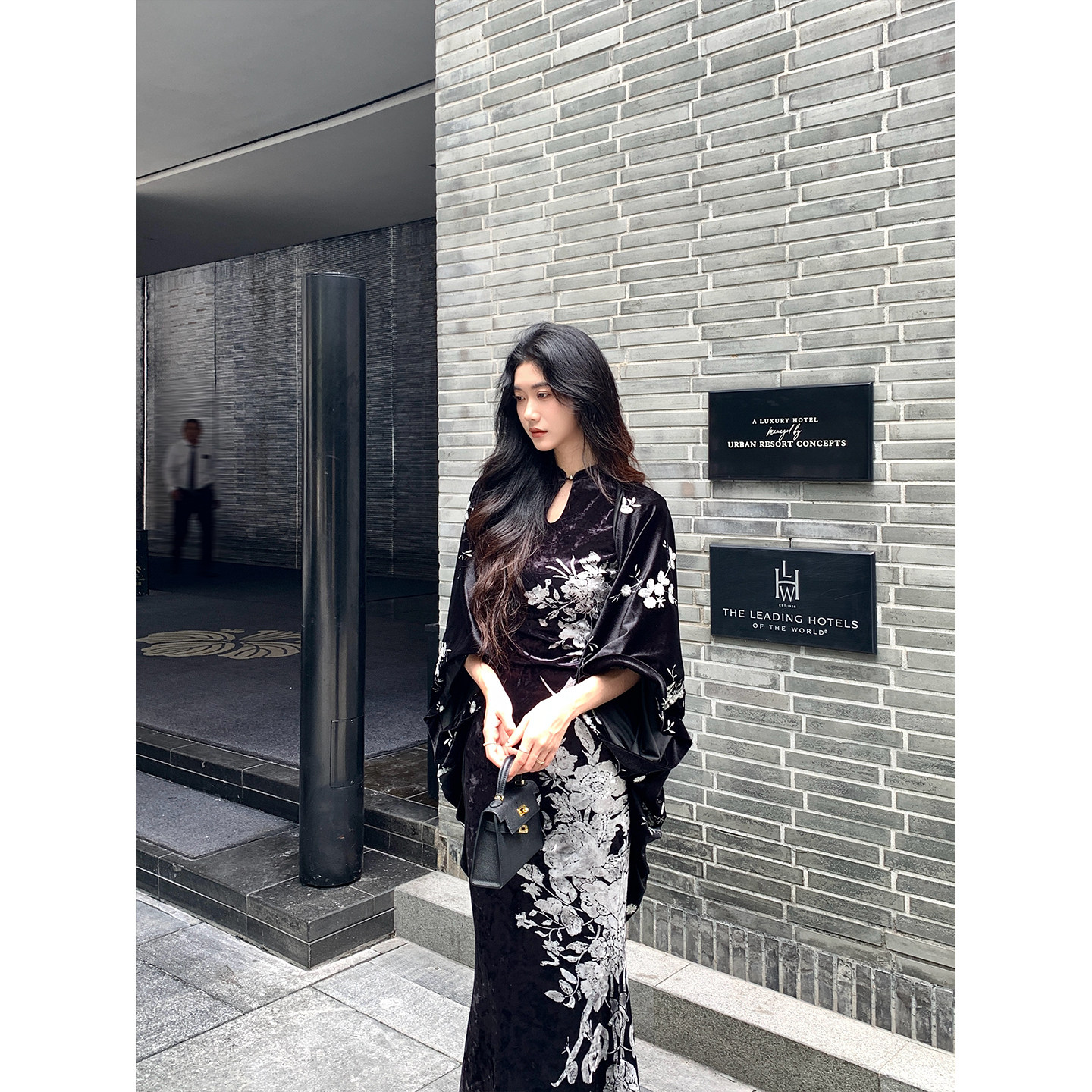 Norain不下雨新中式改良连衣裙女夏季新款丝绒收腰黑色旗袍裙长裙