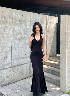 Norain不下雨 黑色气质收腰鱼尾步步生莲长裙连衣裙 6折清仓