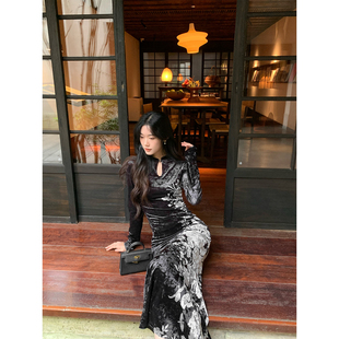 旗袍礼服 性感气质修身 Norain不下雨黑色丝绒长袖 连衣裙女秋冬新款