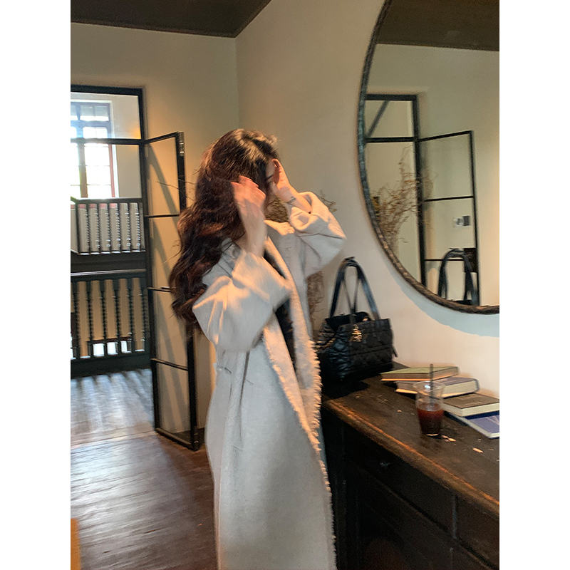 Norain不下雨 【现货5折】灰色羊毛双面呢外套女冬连帽高级感大衣