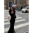 长款 连衣裙女秋冬性感修身 鱼尾裙 步步生莲黑色长袖 Norain不下雨